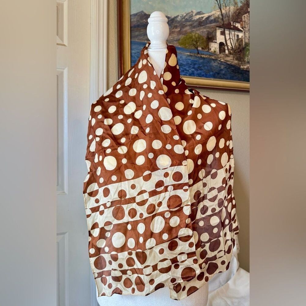 Vintage Liz Claiborne Brown and White Polka Dot Scarf